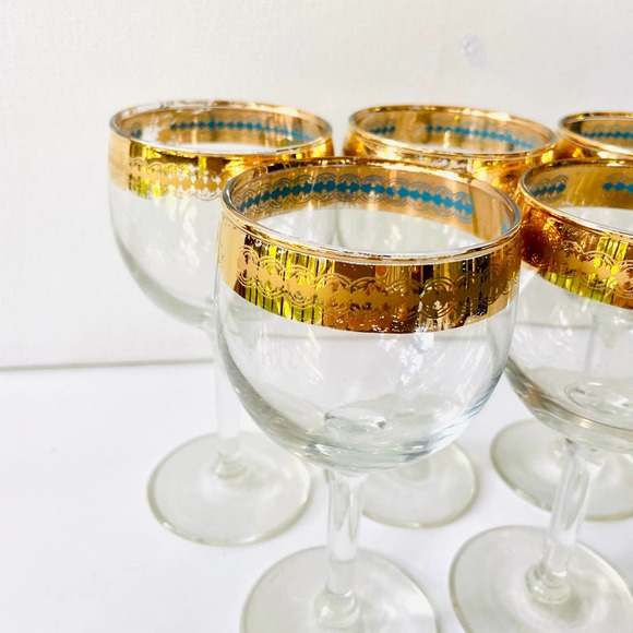 🐚SOLD🐚RARE Culver 22K Mid Century Stemmed Wine Glasses with a Gold and Aqua - Picture 5 of 9